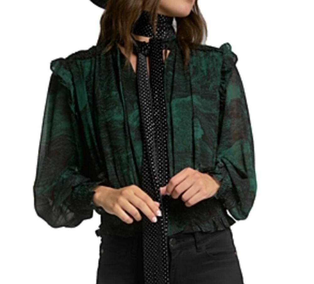 Elan Green Tressor Smocked Waist Ruffle Blouse Size Medium New with Tags